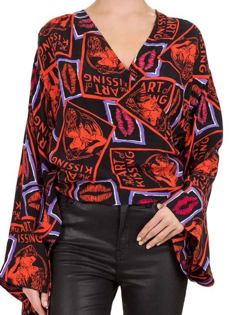 The Kooples Black Red & Purple Graphic Wrap Blouse